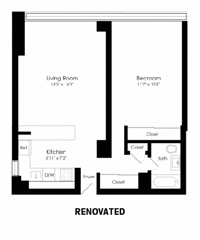 Floor plan for 1 bed, 1 bath, 640 sqft